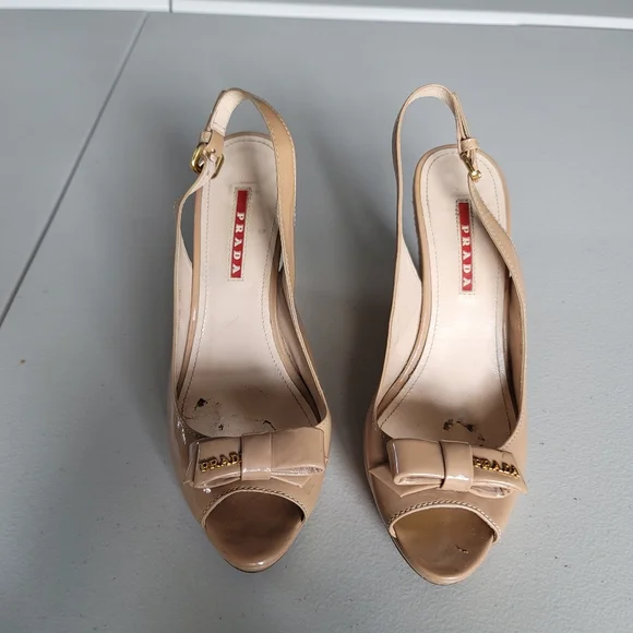 Prada Patent Leather Nude Beige Bow Wedges Slingback Size 38.5